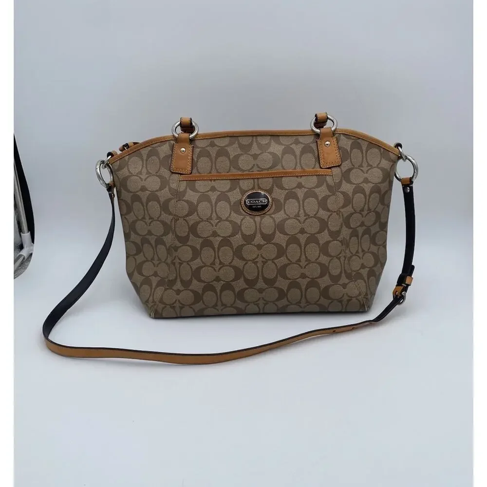 Coach Peyton Signature Pocket Tote Messenger Bag Tan Brown Crossbody Strap